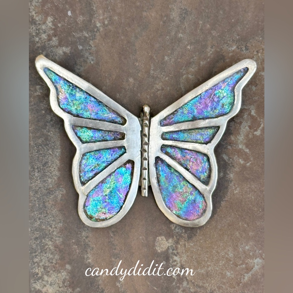 Beautiful Vintage Sterling Silver Refurbished Iridescent Butterfly Brooch